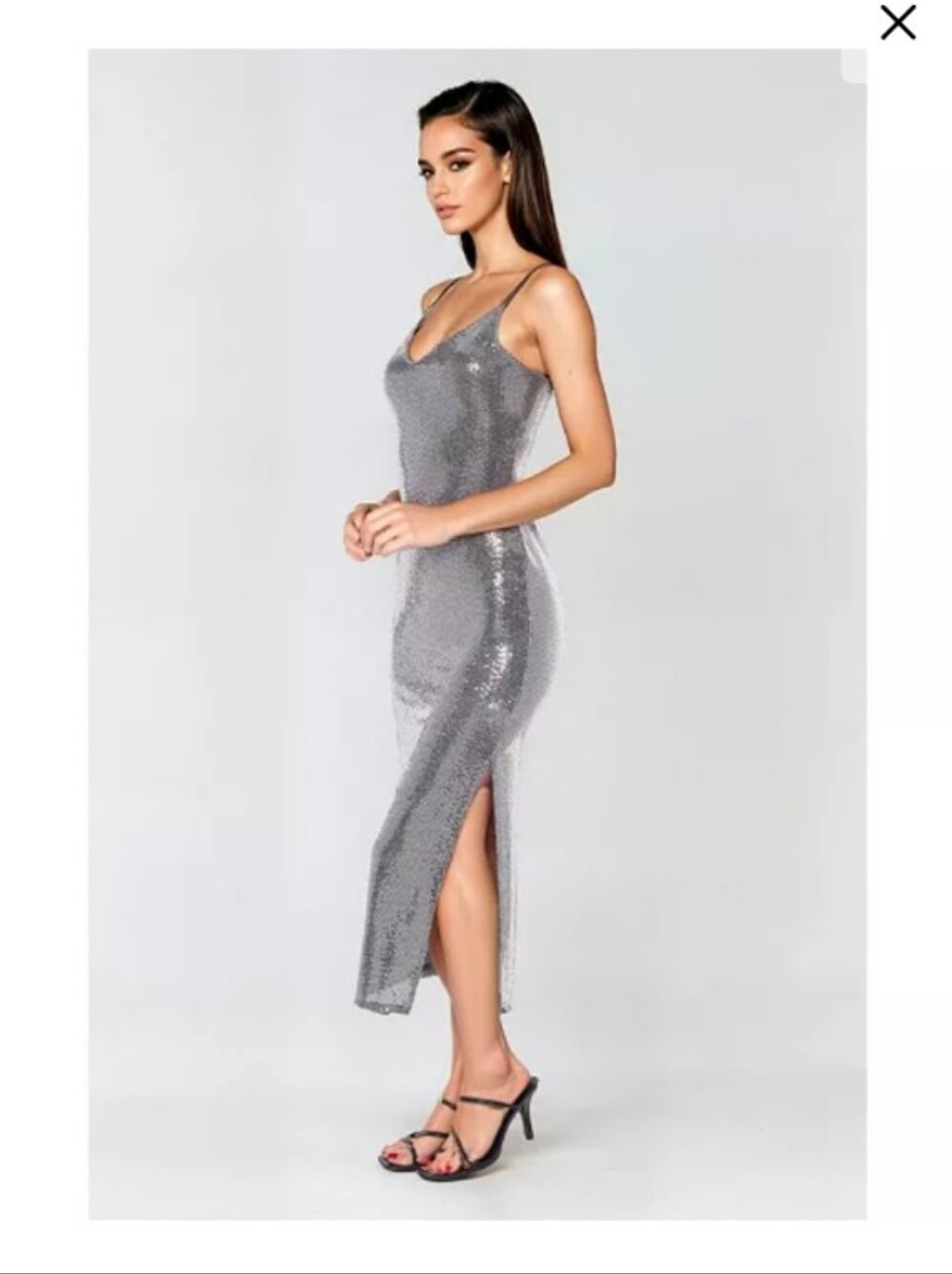 bebe Silver Sequin Maxi Slip Skirt with Side Slit